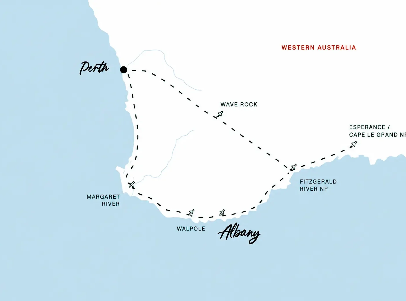 6-Day Esperance & Margaret River Adventure Tour maps