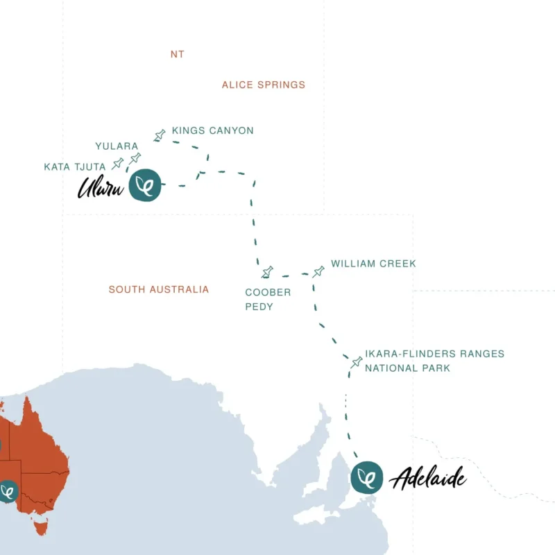 Adelaide to Uluru tour map