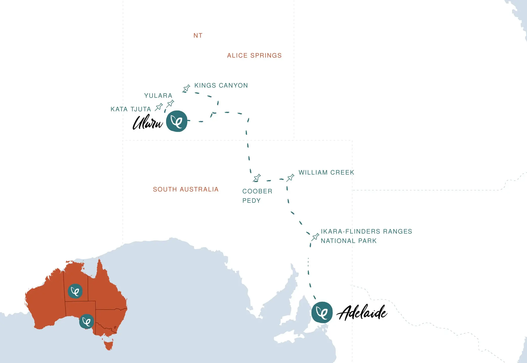 Uluru to Adelaide tour map