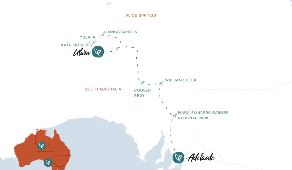 Adelaide to Uluru tour map